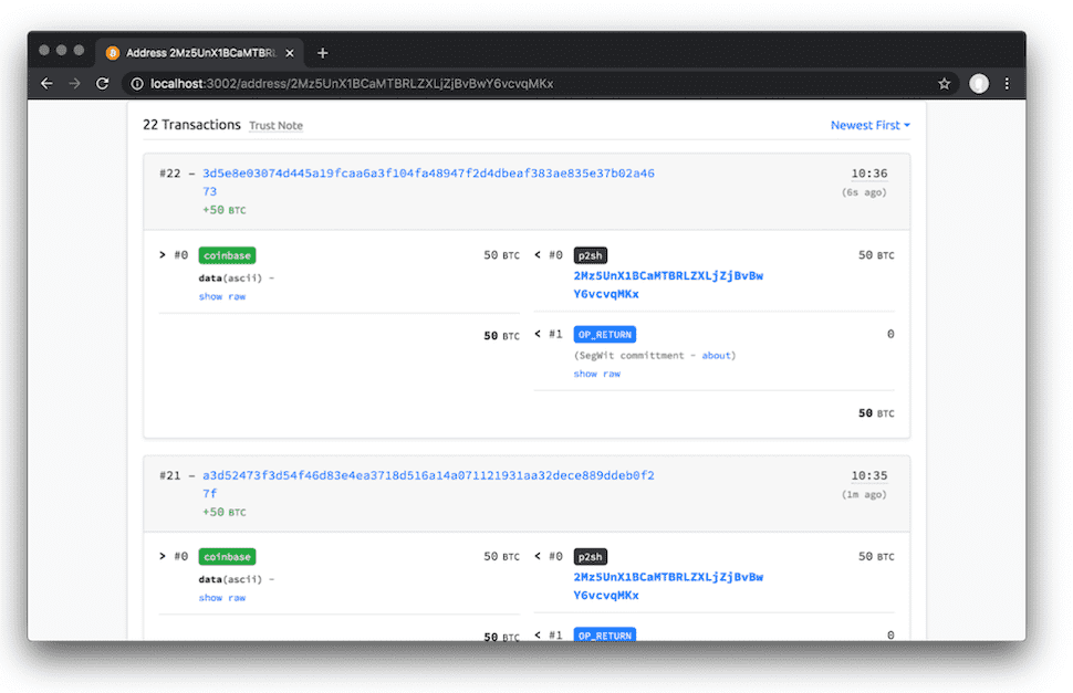 Bitcoin testnet - list of transactions
