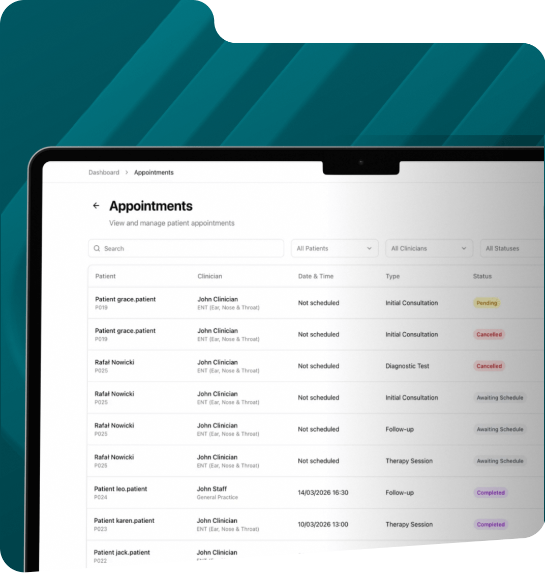 Patient care platform showing the appointments dashboard on a tablet device